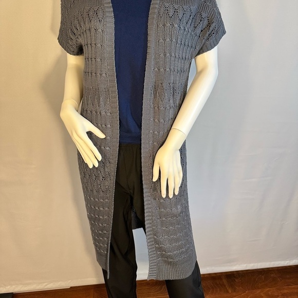 NY Collection Womens Size S Short Sleeve Knit Gray Open Front Duster Sweater - Picture 2 of 10